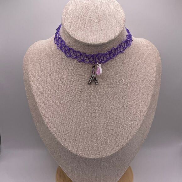Justice Girl's Paris BFF Heart & Eiffel Tower Pendant Elastic Choker Necklace - Picture 1 of 11